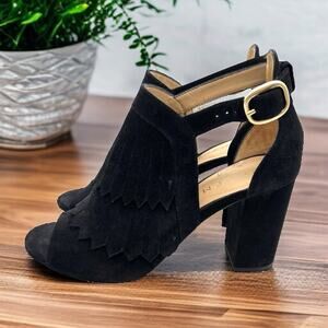 M Gemi 8 Suede Buckle Ankle Heel Open Toe Black Bottes Fringe Italy